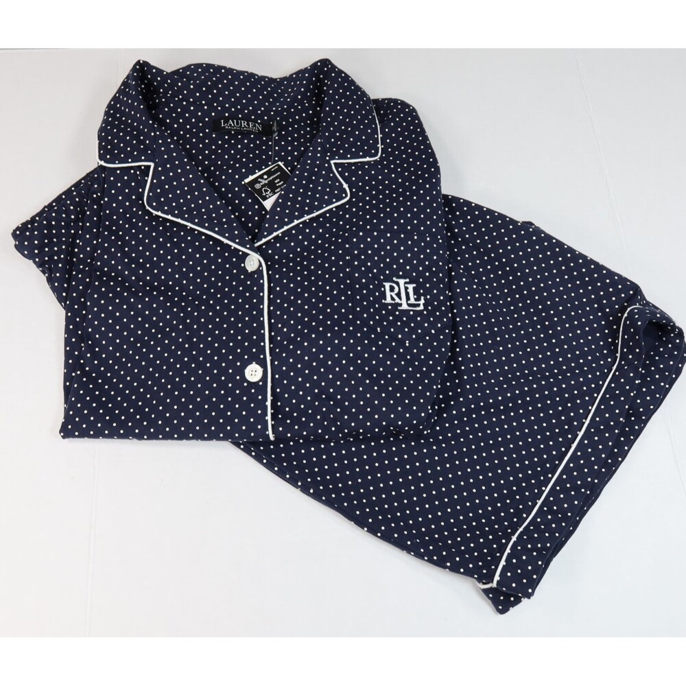 Lauren Ralph Lauren Women's Plus Size 2XL Pajama Shorts Set Navy Polka Dots NWT - Picture 2 of 16